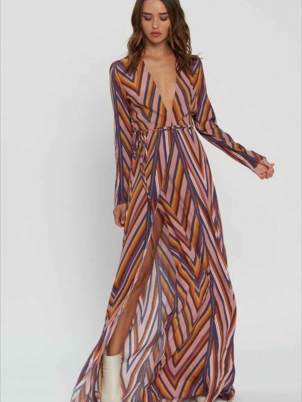 Flynn Skye Multicolor Chevron Wrap Maxi Dress in Pink, Brown, Orange and Purple